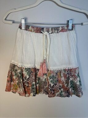 RAGA Boho Tiered Floral Mini Skirt | Metallic Gold Threading | Size XS | NWOT
